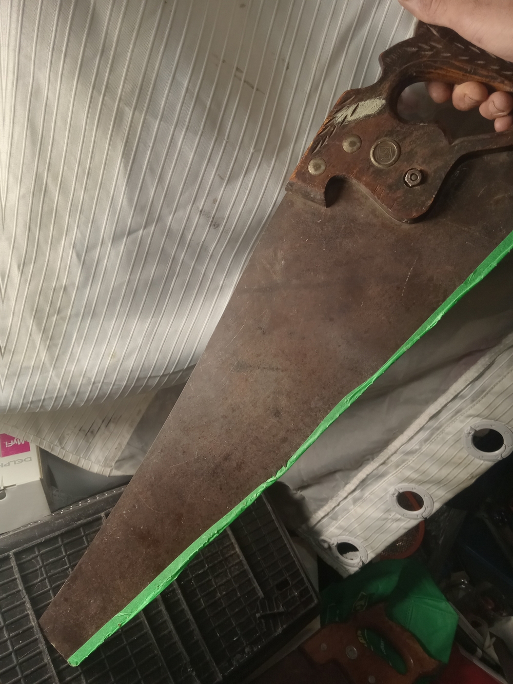 Vintage Large Hand Saw with Decorative Wooden Handle - Brown Blade, Green Trim